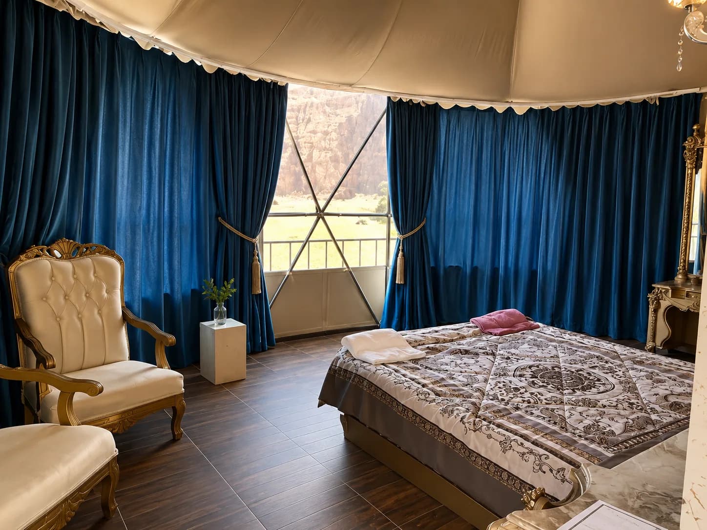 Jamal Rum Camp bedroom with curtains and a panoramic window.