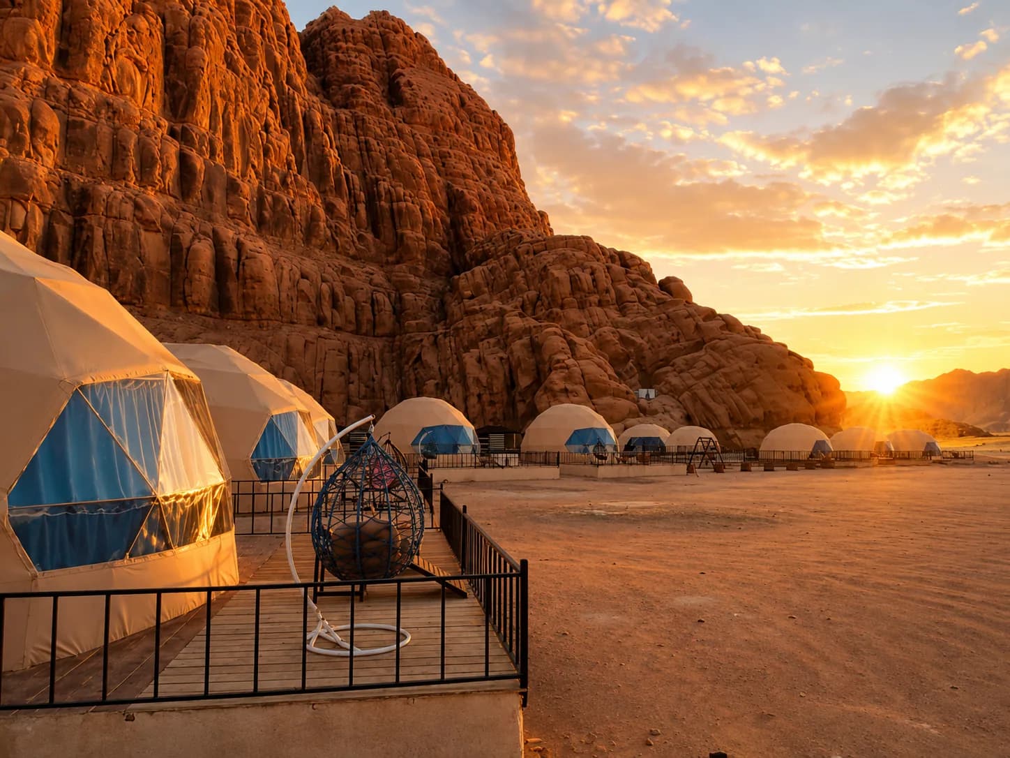 Bubble-style tents at Jamal Rum Camp during sunrise.