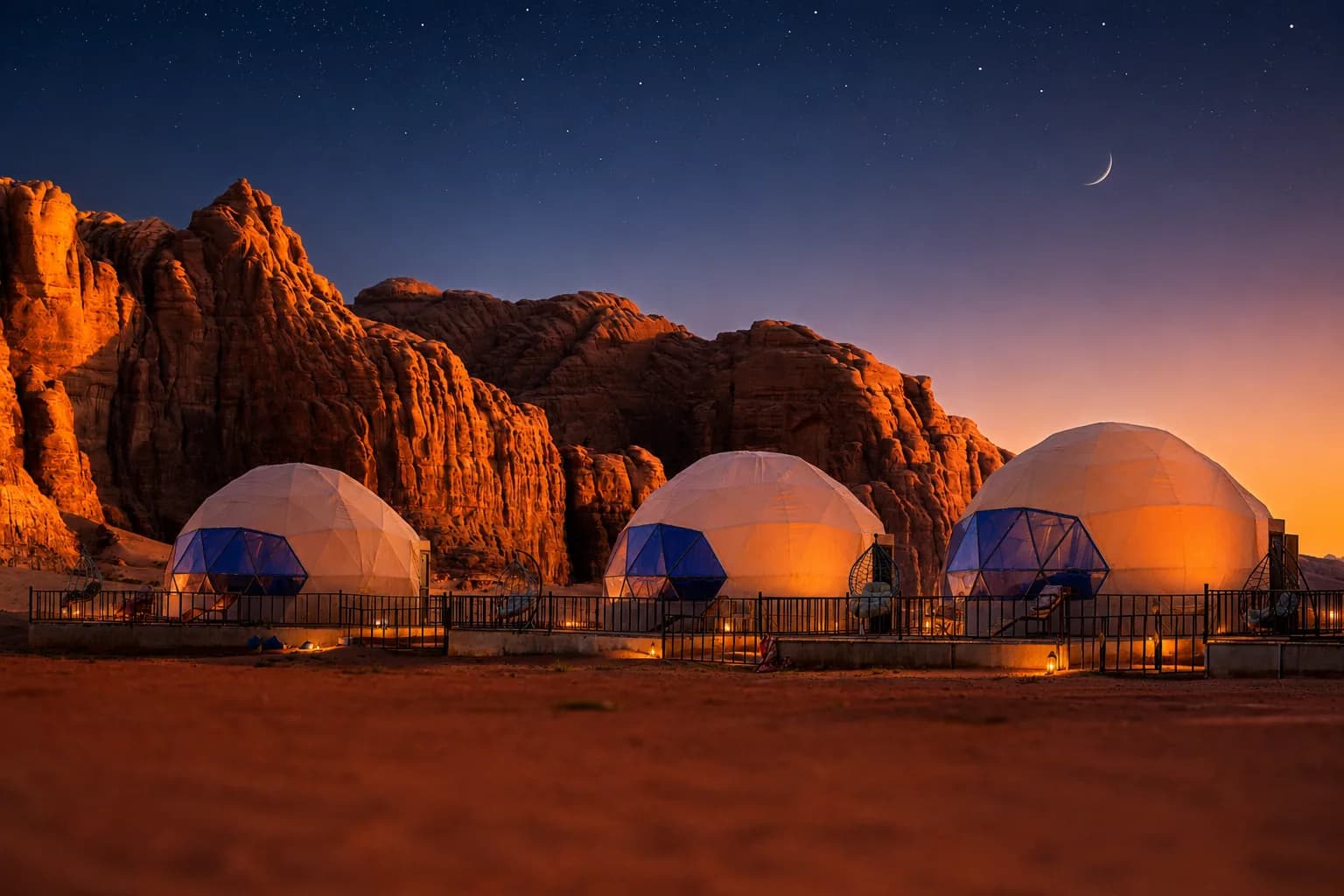 Jamal Rum Camp domes glowing at blue hour beneath the cliffs.