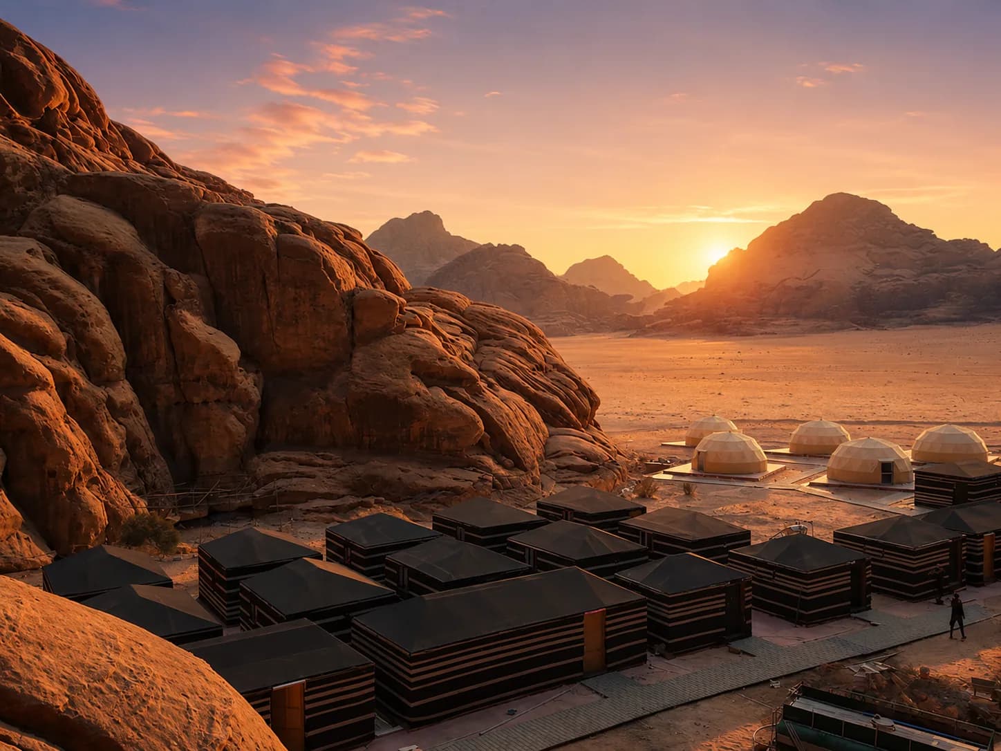 Wide sunset view over Jamal Rum Camp and the Wadi Rum landscape.