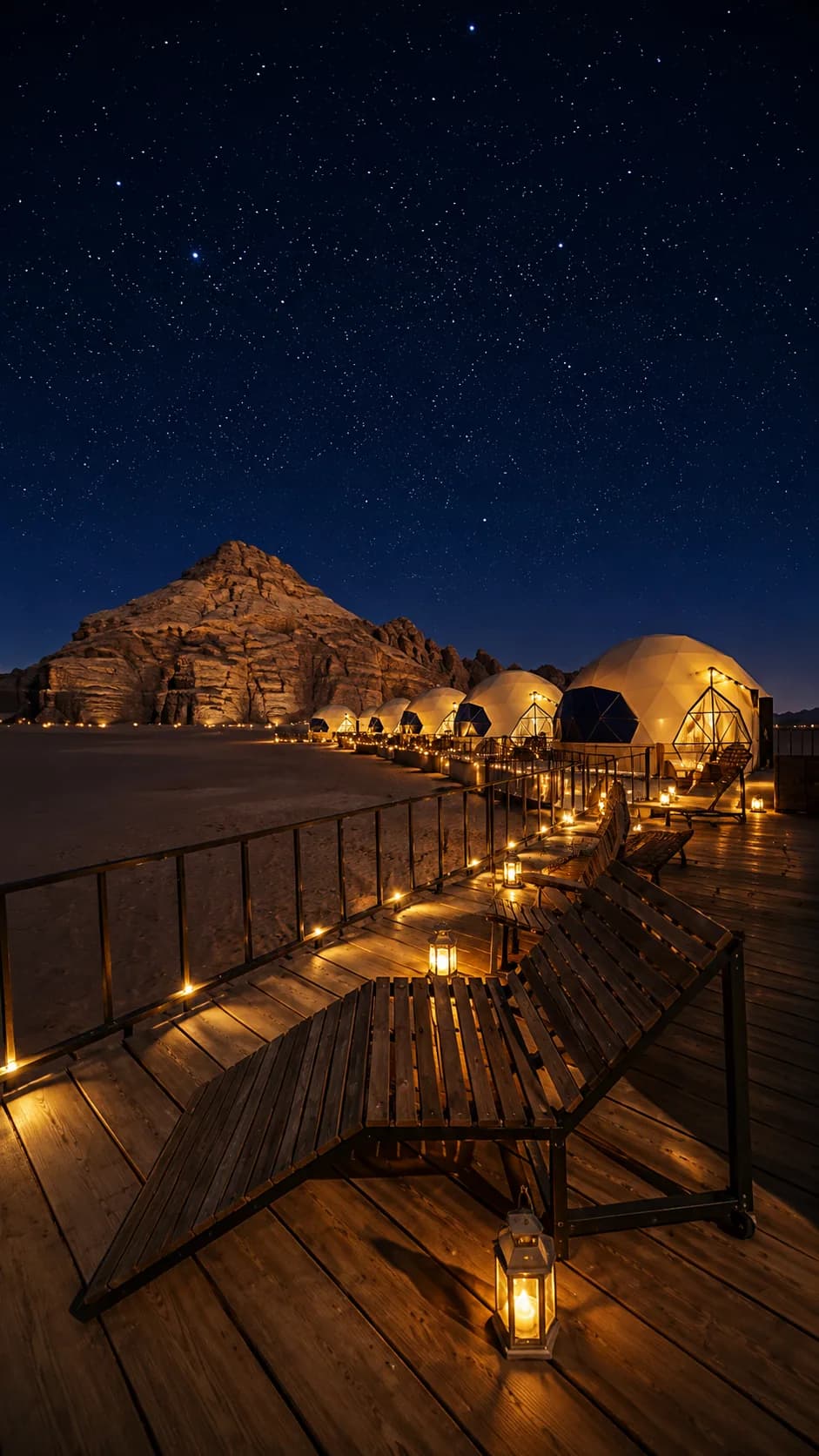 Lantern-lit walkway and domes at Jamal Rum Camp under the night sky.
